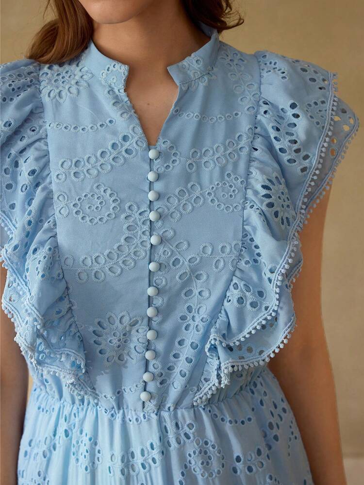 EYELET EMBROIDERY RUFFLE TRIM DRESS
