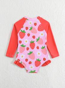 Baby Girl Strawberry Print Ruffle Zip-Up Long Sleeve 1-Piece Swimsuit / Custom Print / Ribbon Edge No Lock Edge Swimsuit - Multicolor - View 2