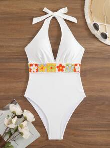 SHEIN Swim Summer Beach Women's Fashion Elegant Style Crochet Panel Strap Casual White One-Piece Swimsuit - White - View 6