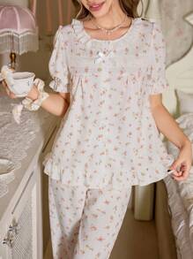 CottageSlumber Conjunto de pijama para mujer con cuello redondo, manga corta con volantes y pantalones estilo romántico con estampado floral pequeño para la temporada de vacaciones