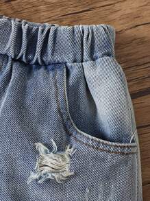 SHEIN Set de 2 piezas de camiseta sin mangas con volantes y shorts vaqueros, conjunto informal de verano para niñas jóvenes para el 4 de julio