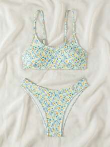 Swim Mod 2pcs Women's Fashion Adjustable Strap Printed Casual Party Pool Spaghetti Strap Split Bikini Swimsuit Set, Minimalist Summer Swimwear - Royal Blue - View 3