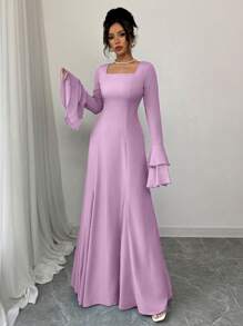 Rafferiza Blue Square Neck Layered Ruffle Sleeve Flare Hem Long Dress For Women Fall Cloth For Women