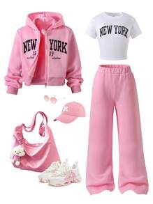 Sparklyn Áo khoác nỉ in hình địa điểm tuổi teen, áo tay ngắn in hình địa điểm phù hợp và quần ống loe bằng vải nỉ, bộ trang phục 3 món - Hồng - Xem 10