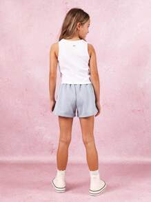 SUMWON Conjunto de top y pantalones cortos de verano deportivo para niñas, conjunto de dos piezas para entrenamiento y hacer deporte, con estampado numérico, ropa básica moderna esencial para actividades y ocio.