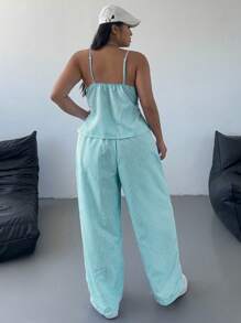 Flirla Plus Size Sexy Striped V-Neck Camisole And Drawstring Waist Wide Leg Pants Set - Baby Blue - View 2