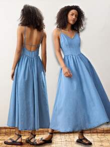 Maija 女士牛仔无袖紧身迷你连衣裙，蓝色 - 中等水洗藍 - 查看 1