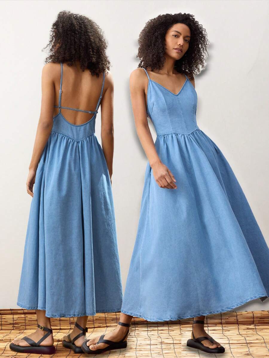 Maija 女士牛仔无袖紧身迷你连衣裙，蓝色 - 中等水洗藍 - 查看 1