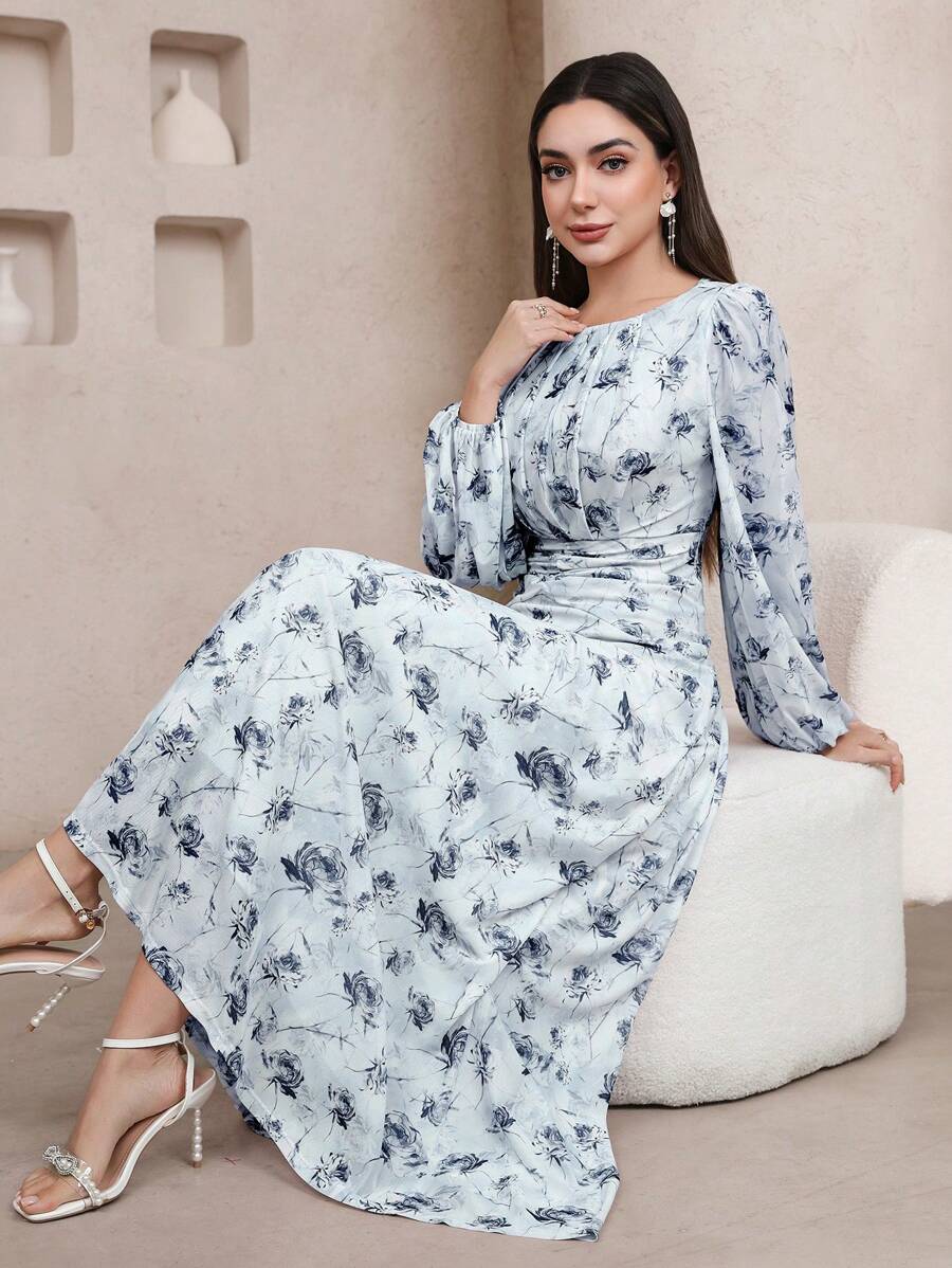 Veilorie 女士花卉印花褶饰优雅长袖连衣裙 - 藍色 - 查看 1