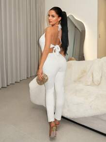 SHEIN SXY Conjunto de dos piezas todo blanco para uso diario, ropa de verano para mujer, conjunto de fiesta de dos piezas todo blanco para mujer, conjunto de dos piezas blanco para mujer