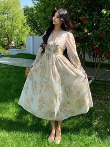 DAZY Floral Prints V-Neck Flared Sleeve Chiffon Patchwork Dress For Women, Spring/Fall Long Sleeve Dress - Butter Yellow - View 5