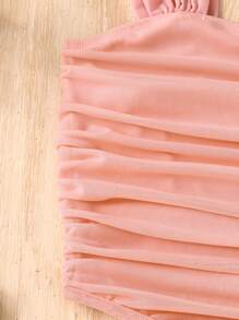 Tween Girl Cute Summer Sweetheart Collar Solid Ruched Wide Strap Top - Baby Pink - View 3