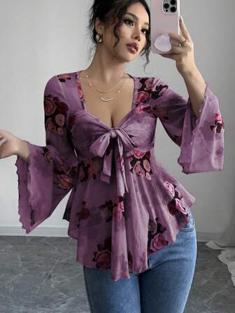 Rafferiza Casual Sexy Resort Style Floral Mesh Bowknot Asymmetrical Ruffle Hem Long Sleeve Ibiza T-Shirt For Women Fall Cloth For Women