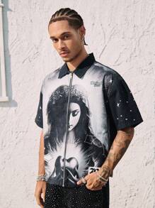 ROMWE MEN Street Life Men's Streetwear Religious Printed Denim Jacket Shirts - Black - View 7