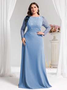 Coutiva Plus Size Elegant Bubble Bead Contrast Lace A-Line Party Dress, Formal, Gown, For Evening, Wedding Guest