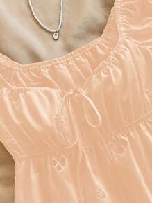 SHEIN Unity Square Neck Ruched Front Tie Floral Embroidered Hollow Out Holiday Mini Dress - Orange - View 7
