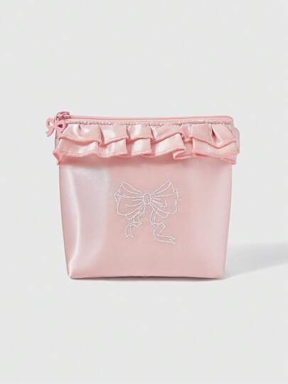Kawaii Embroidered Bowknot Floral Small Bucket Tissue Box/Makeup Bag/Travel Pad Holder, Gift/Coin Purse, Pink