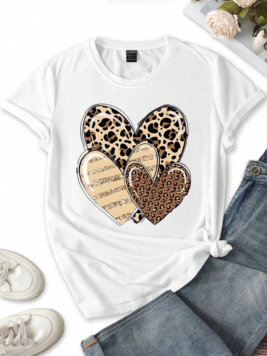 INAWLY Romantic And Lovely Heart Shaped Casual Women T-Shirt Graphic Cheetah Print Tees Women Tops - White - View 1