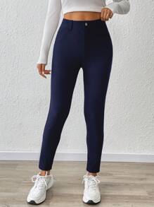 SHEIN Essnce 大码女式春夏时尚休闲舒适基本款日常百搭修身深蓝色高弹力裤，女式下装，曲线裤，工作裤，办公室，机场，极简主义风格，教师，弹力舒适裤 - 藏蓝色 - 查看 8