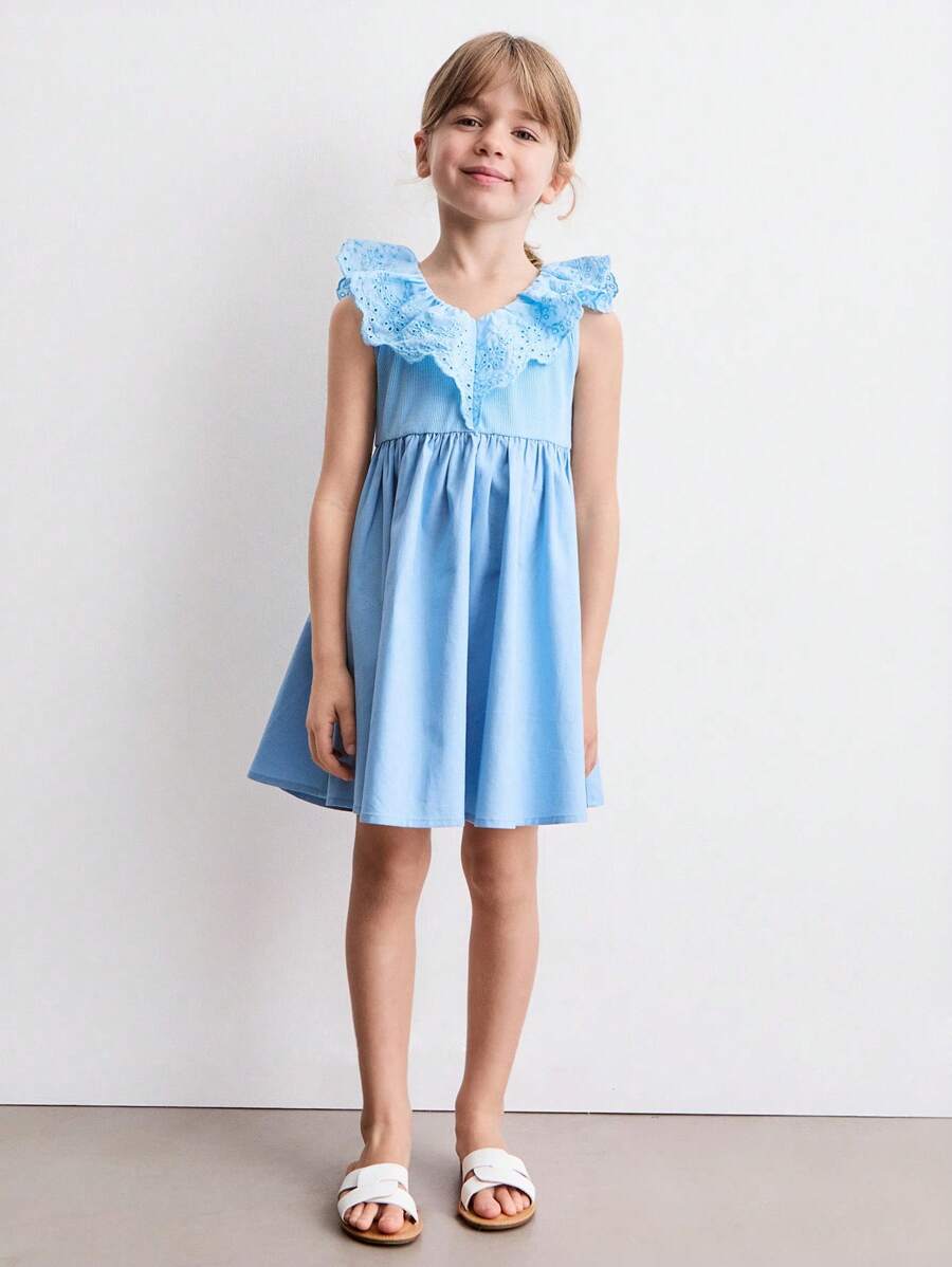 SHEIN Young Girls Cute Summer Jacquard Ruffle Hem Dresses - Blue - View 1