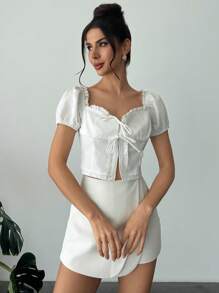 Firerie Áo kiểu nữ màu trơn, có bèo nhún phía trước, buộc dây, tay ngắn phồng. - trắng - Xem 4