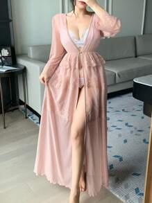 DAZY Romantic Sheer Mesh & Lace Ruffle Trim Waist Cinched Ladies' Sleepwear Pajama - Pink - View 5