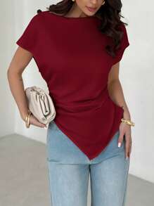 Firerie Women Elegant Asymmetric Hem Solid Color Blouse - Burgundy - View 2