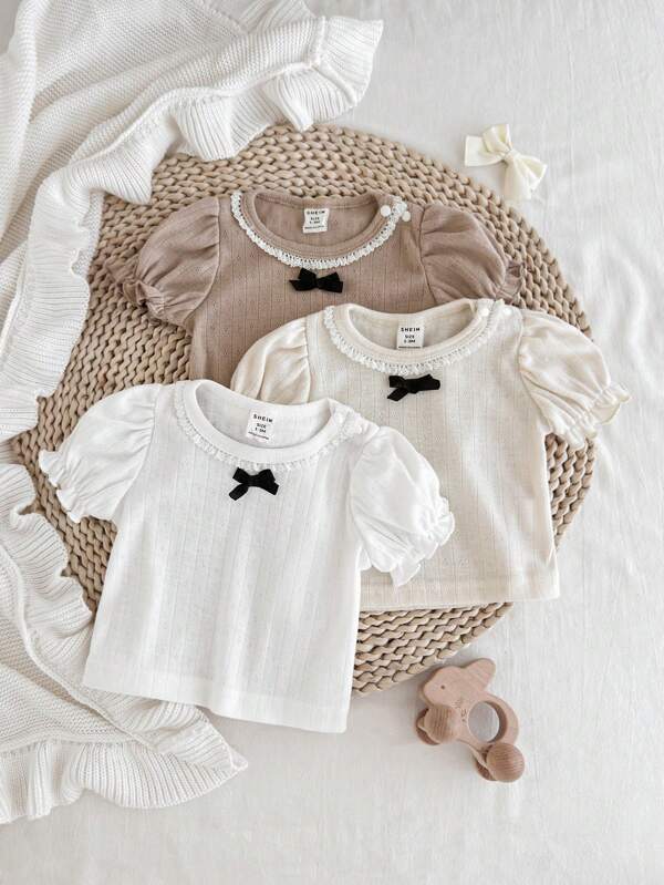 3er-Set Neugeborene Baby Mädchen Bodysuit mit Spitzen-Rüschen, Schleifen-Dekor, Kurzarm in Aprikose, Weiß, Braun, aus weichem & bequemem Stoff, geeignet für Alltagstragen, Zuhause, Urlaub, Eltern-Kind-Aktivitäten im Frühling/Sommer, 0-3 Monate