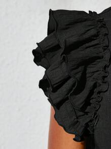 SHEIN Leap Crew Vestido casual para adolescentes de unicolor con jacquard, doble capa y mangas con volantes - Negro - Ver 5