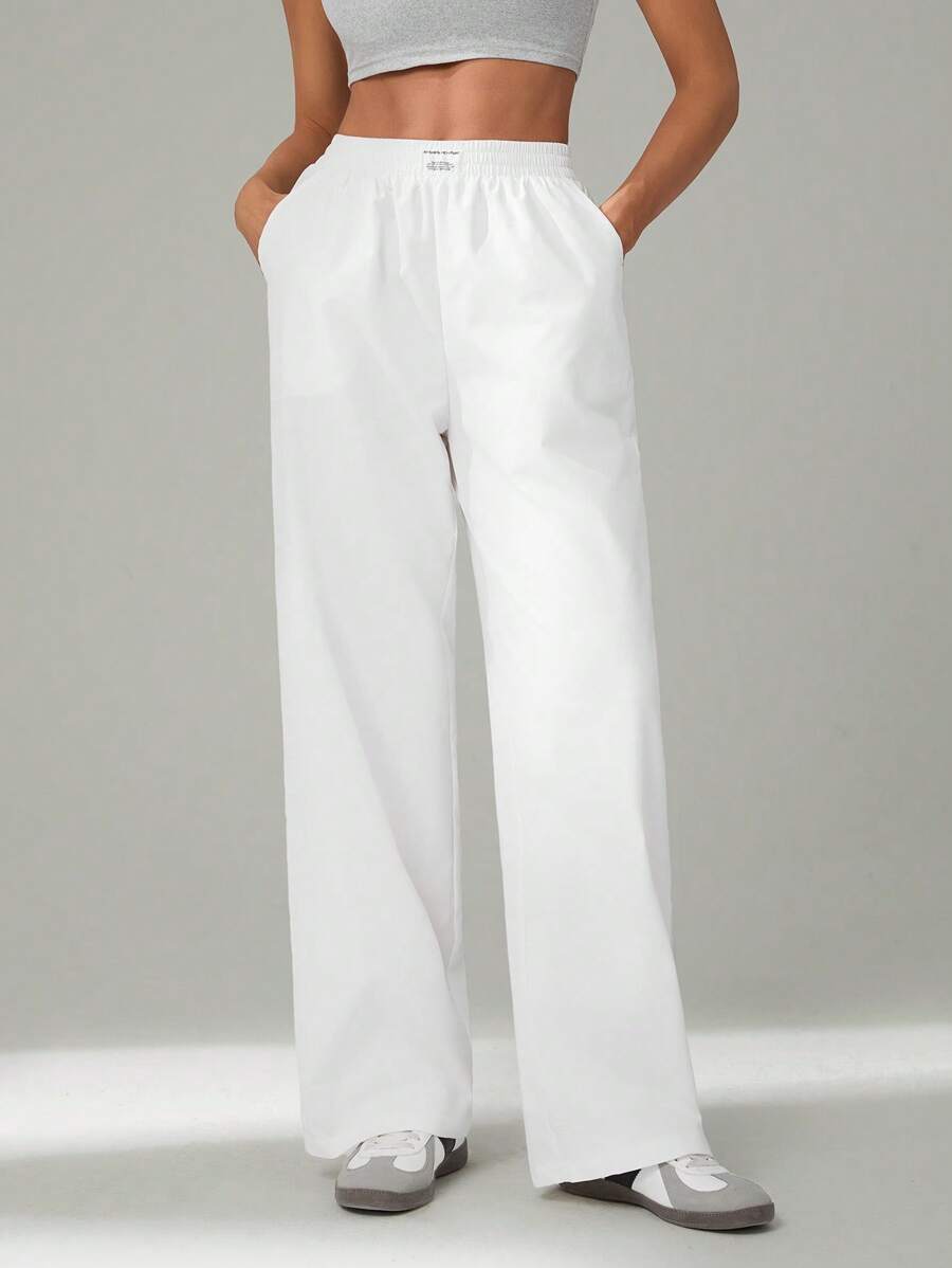 SHEIN Tall 基本款宽松休闲度假裤 黑色直筒裤 - 白色 - 查看 1