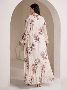 Veilorie Plus Size Elegant Floral Print Keyhole Neckline Lantern Sleeve Ruffle Hem Dress