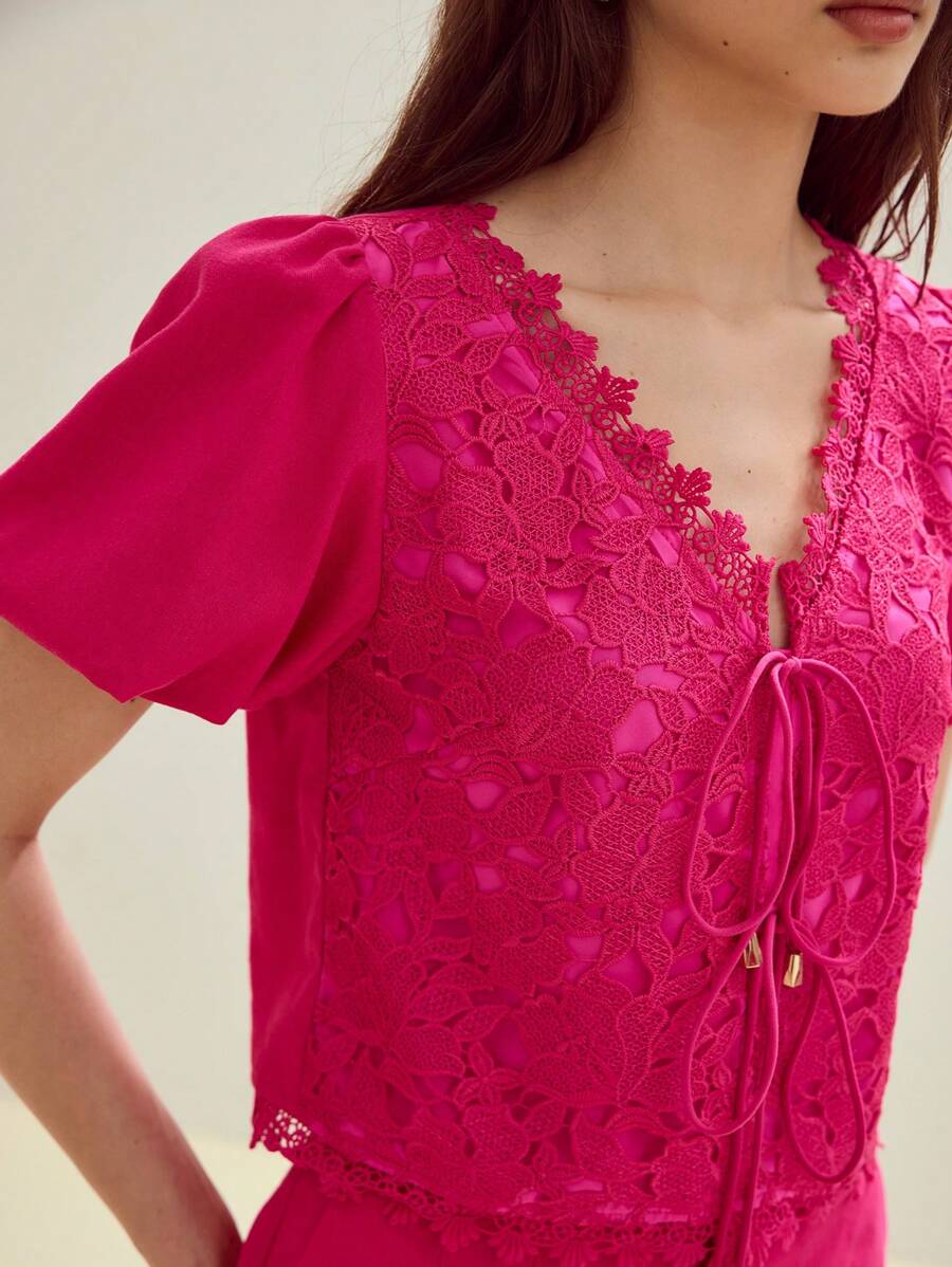 MOTF STUDIO LINEN CONTRAST GUIPURE LACE BLOUSE - Hot Pink - View 2