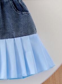 Elladie kids 2pcs/Set Young Girl Blue Cute Lace Knitting Camisole Top With Denim Patchwork Pleated Skirt, Summer Holiday Casual Outfit - Baby Blue - View 4