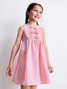 SHEIN 年轻女孩休闲蝴蝶装饰前襟条纹连衣裙，夏季 - 彩色 - 查看 5