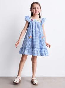 SHEIN Young Girls' Pastoral Plaid Crochet Embroidered Floral Ruffle Trim Cap Sleeve Dresses - Multicolor - View 3