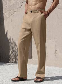 Manfinity Nomadique Pantalones rectos de lino casual Manfinity Nomadique para hombres, pantalones versátiles de moda, pantalones blancos para hombres
