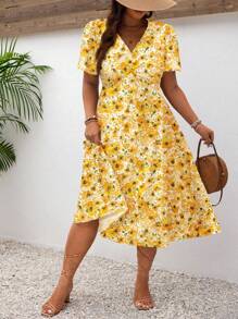 SHEIN Frenchy Váy du lịch thường ngày họa tiết hoa mùa hè cỡ lớn dành cho nữ, thích hợp cho lễ hội âm nhạc và ngày lễ - Màu vàng - Xem 7