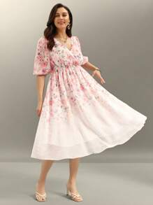 Flouryn Plus Size Women Romantic Elegant Chiffon Textured, Ombre Floral Print Cross V Neck Short Sleeve Mini Dress