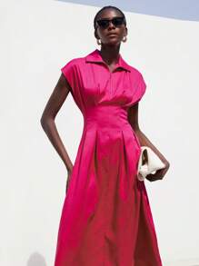 Aveloria Modichic Elegant Minimalist Design Zip Collar Ruched Waist Flared Hem Short Sleeve Long Dress For Women - Hot Pink - View 3
