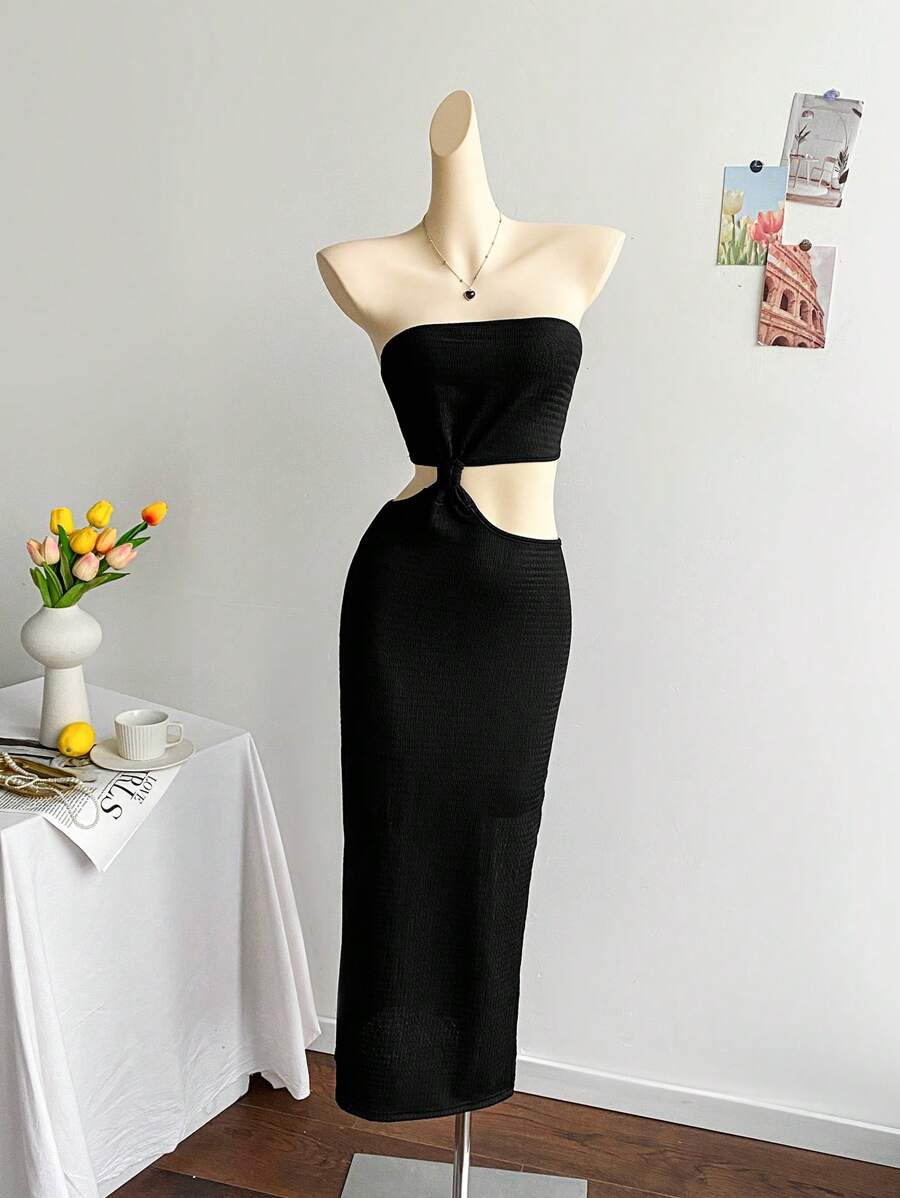 Soleia 镂空开叉大腿抹胸连衣裙 春假演唱会紧身连衣裙 - 黑色 - 查看 1