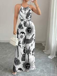 Elenzga Damen Sommer Urlaubs Sonne & Mond Muster Träger Jumpsuit