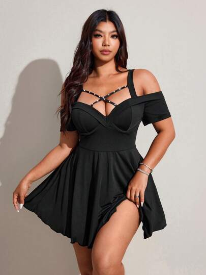 Viva Relle Plus Size Women's Spring/Summer New Year Black Lace Sexy Hollow Out Tie Front Avant-Garde French Casual Young Chic Fashion Elastic Knit Versatile Comfortable Undershirt Dress, Sexy Formal Dress, Sexy Social Holiday Outfit, Sexy Bustier, Formal Dress, Young Elegant Sexy Patchwork Sexy Top, Sexy Holiday Outfit, Social Black Top, Black Jumpsuit, Black Bustier, Slim Fit Transparent Off Shoulder Fitted Solid Color