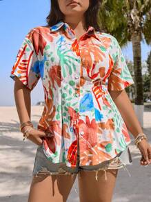 SHEIN EZwear Chemise grande taille d'été à taille serrée, Top de vacances pour la plage d'été - Blanc - Voir 6