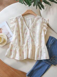 CosyJoli Blusa rosa con cuello bordado, manga corta y volantes, de uso versátil y casual, talla grande para mujer - Rosa - Ver 6