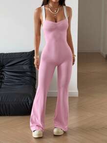 SHEIN Unity 女式休闲纯粉色露背交叉露背紧身喇叭腿连体裤，夏季