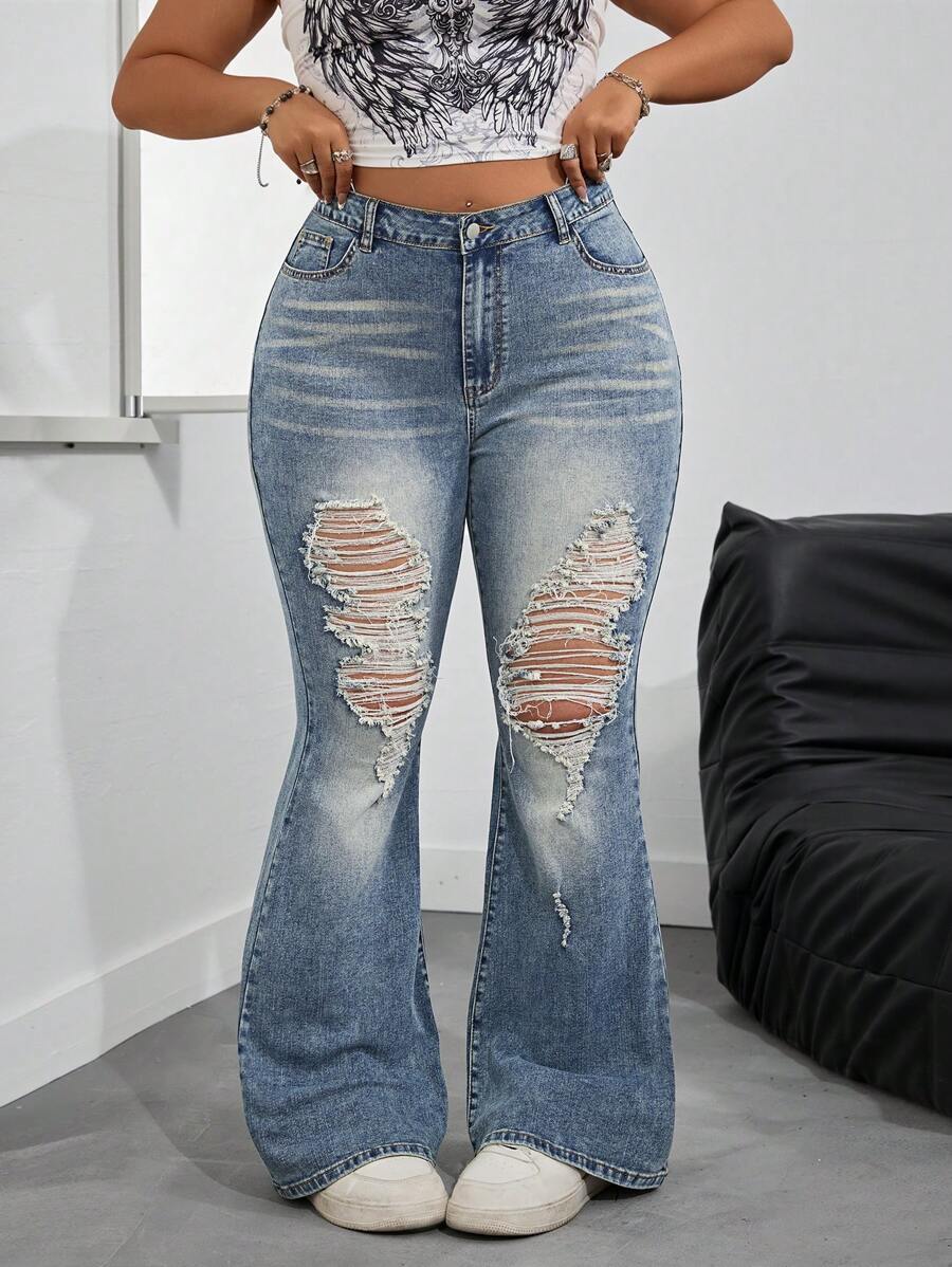 SHEIN Tall CURVE Quần jeans ống loe rách, giặt thường ngày cỡ lớn - Màu xanh lam - Xem 1