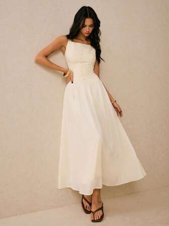 Poéselle Kvinnors enfärgad fyrkantig halsknappdesign Ärmlös lång fritidsklänning