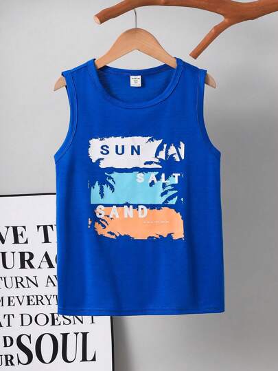 Tween Boy Loose Knit Tank Top With Coconut Tree Pattern, Casual Vacation Style Suitable For Beach, Sports, Holiday, And School