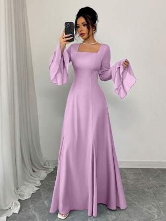 Rafferiza 女式蓝色方领多层荷叶边袖喇叭下摆长款连衣裙