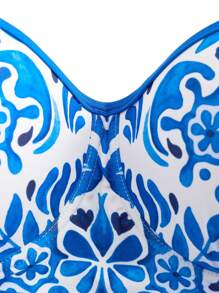 Swim Oasis 加大码女式两件套印花系带吊带背心连体泳衣，搭配印花长纱笼裙